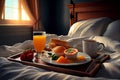 Breakfast in bed. Coffee, orange juice, croissants and jam. Generative AI