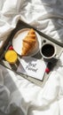 Breakfast in bed with croissant coffee Royalty Free Stock Photo