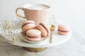 Breakfast in bed, cup of cappuccino, flowers