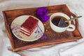 Breakfast in bed. Cup, coffee, red, velvet, cake Royalty Free Stock Photo