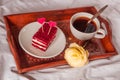 Breakfast in bed. Cup, coffee, red, velvet, cake and flower Royalty Free Stock Photo