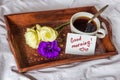 Breakfast in bed. Cup, coffee, red, velvet, cake and note with t Royalty Free Stock Photo