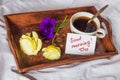 Breakfast in bed. Cup, coffee, red, velvet, cake and note with t Royalty Free Stock Photo