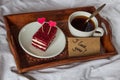 Breakfast in bed. Cup, coffee, red, velvet, cake and text I love