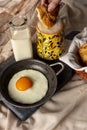 Fried egg with bread and coffee with milk Royalty Free Stock Photo