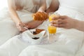 Breakfast in bed at hotel Royalty Free Stock Photo