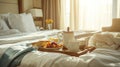 Breakfast on the bed at the hotel Royalty Free Stock Photo