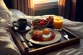 Breakfast in bed in the morning. Coffee, croissant, scrambled eggs, bacon, vegetables and fruits. Generative AI Royalty Free Stock Photo