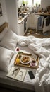Breakfast in bed with morning routine Royalty Free Stock Photo