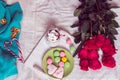 Breakfast in bed with red roses and heart of sugar candies Royalty Free Stock Photo