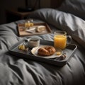 Breakfast in bed. Tray with coffee, croissants and orange juice. AI generative