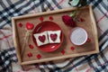 Breakfast in bed for Valentines Day. Romantic present with rose flower, toasts and hot chocolate. Top view. Royalty Free Stock Photo