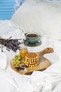 Breakfast with Belgian waffles, apricot jam and coffee Royalty Free Stock Photo