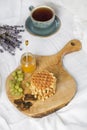 Breakfast with Belgian waffles, apricot jam and coffee Royalty Free Stock Photo