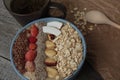 Breakfast berry smoothie bowl topped with raspberries, Chia, flax seeds, coconut, nut Royalty Free Stock Photo