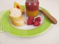 Breakfast with bicolor peach and raspberry jam Royalty Free Stock Photo