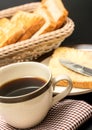 Breakfast Black Coffee Shows Meal Time And Bread