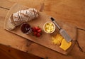 Breakfast, board and cheese with jam, bread and fresh strawberry for diet, nutrition and gourmet morning snack. Food