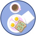 breakfast with boiled eggs, toast and coffee on a blue background