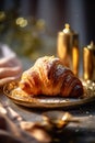 croissant bokeh bakery drink background cup breakfast tasty morning food table background. Generative AI.