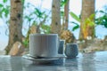 Breakfast on Boracay island of the Philippines with views of the white sandy beach and sea. An omelet and a Cup of coffee in a Royalty Free Stock Photo