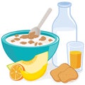 Healthy breakfast with milk and cereal. Vector illustration.