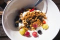 Breakfast in a bowl with walnuts, fresh fruit strawberries, gooseberries, currant, yoghurt