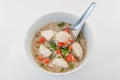 Breakfast with bowl of wild and brown rice soup with fish