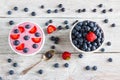 Breakfast bowl with yogurt, muesli, fresh blueberries and strawberries. Light wooden background, top view Royalty Free Stock Photo