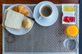 Breakfast with bread, croissants and black coffee composition. breakfast with black coffee and bread. Royalty Free Stock Photo