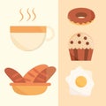 Breakfast bread cupcake fried egg coffee food menu in cartoon flat icons set Royalty Free Stock Photo