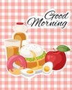 Breakfast brunch banner concept vector illustration. Healthy start of day. Eating in morning. Food collection with apple