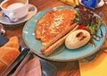 Breakfast - brunch with omelette, salad and fresh bread