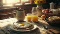 Breakfast brunch still life. Eggs, orange juice country meal. Sunflowers and coffee in the morning.