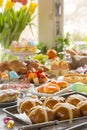 Table with delicatessen ready for Easter brunch Royalty Free Stock Photo