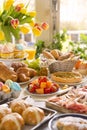 Table with delicatessen ready for Easter brunch Royalty Free Stock Photo