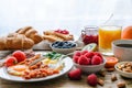 Breakfast buffet. Full english and continental. Large selection of brunch and breakfast food on the table with egg Royalty Free Stock Photo