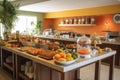 breakfast buffet, with a variety of international dishes including pastries, breads and fresh fruits