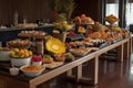 breakfast buffet, with a variety of international dishes including pastries, breads and fresh fruits