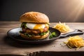 A breakfast burger with fried egg. Ai generated Royalty Free Stock Photo