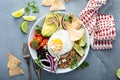 Breakfast burrito bowl with pork carnitas and rice Royalty Free Stock Photo