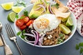 Breakfast burrito bowl with pork carnitas and rice