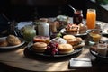 Breakfast in a cafe on a wooden table. Pancakes, coffee, orange juice, jam, fruits, berries, cheesecakes, Delicious breakfast Royalty Free Stock Photo