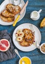 Breakfast - caramel cinnamon french toast with a banana. On a blue background