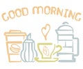 Breakfast card with tea and coffee objects and lettering good morning