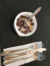 Breakfast cereal with background, overhead view