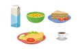 Breakfast with Cereal in Bowl, Sandwich with Bacon and Omelette Vector Set