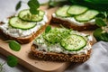 Breakfast, cereal bread sandwiches, cream cheese, sliced cucumber, with micro greenery on a light table