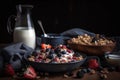 breakfast cereal with milk and berries. AI Generated Royalty Free Stock Photo