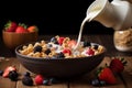 breakfast cereal with milk and berries. AI Generated Royalty Free Stock Photo